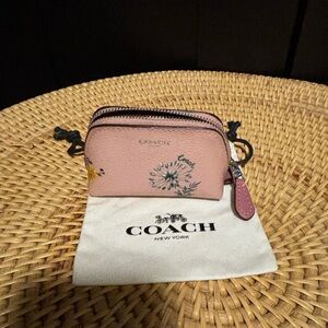 COACH Pink Floral Leather Double-Zip Coin Pouch
